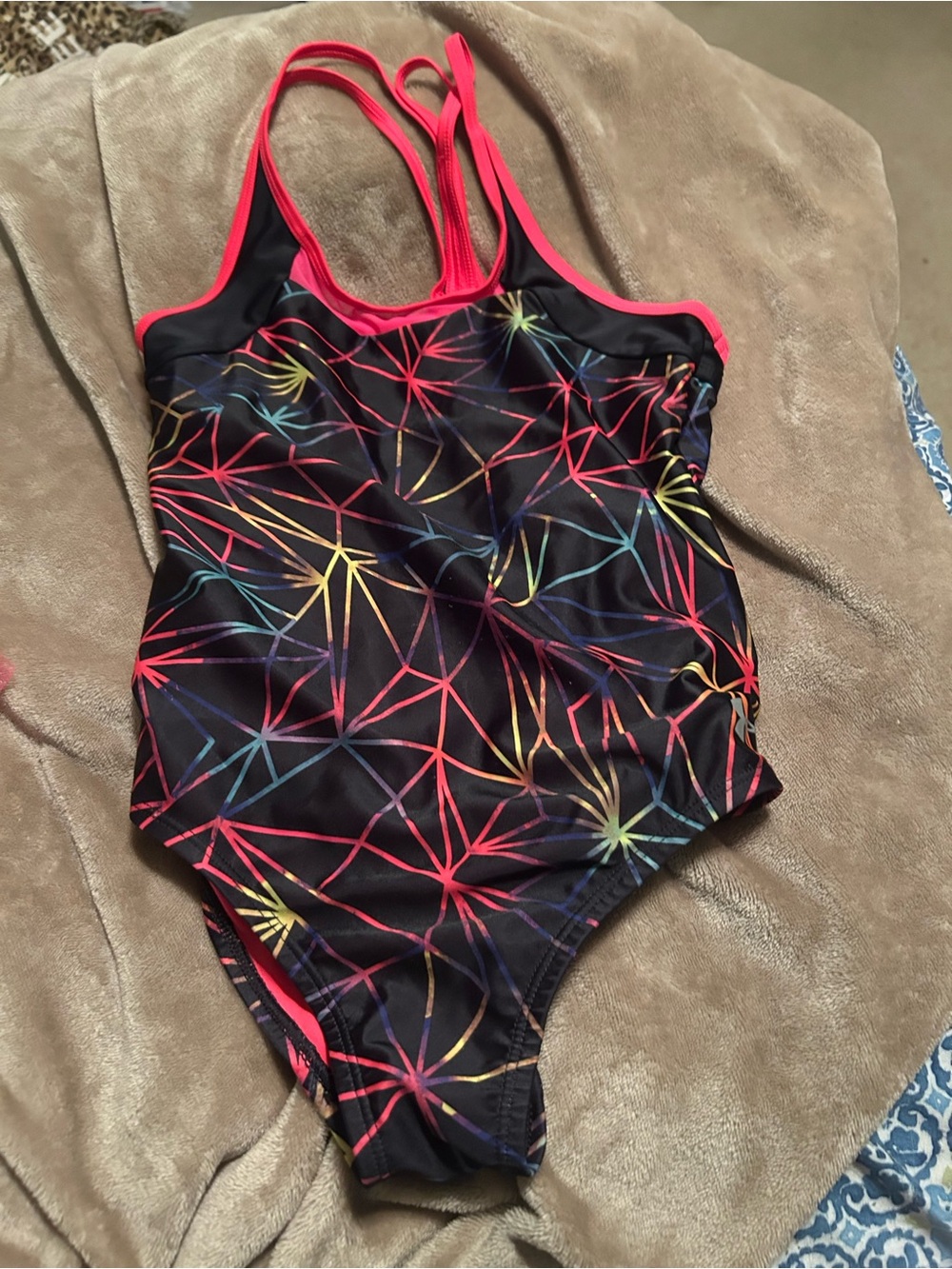 Under Armour Size 12 Kids Black Multicolor Geometric One-Piece Swimsuit
